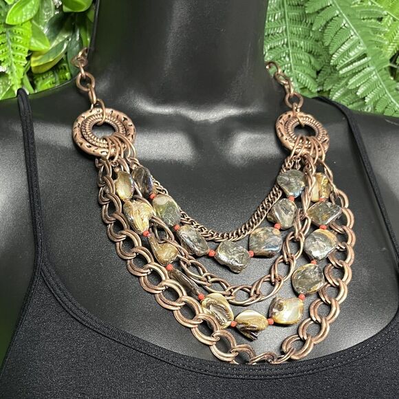 Necklace Women Fashion Copper Tone Layered MultiStrand Rock Charm Statement 2129 - Picture 4 of 8
